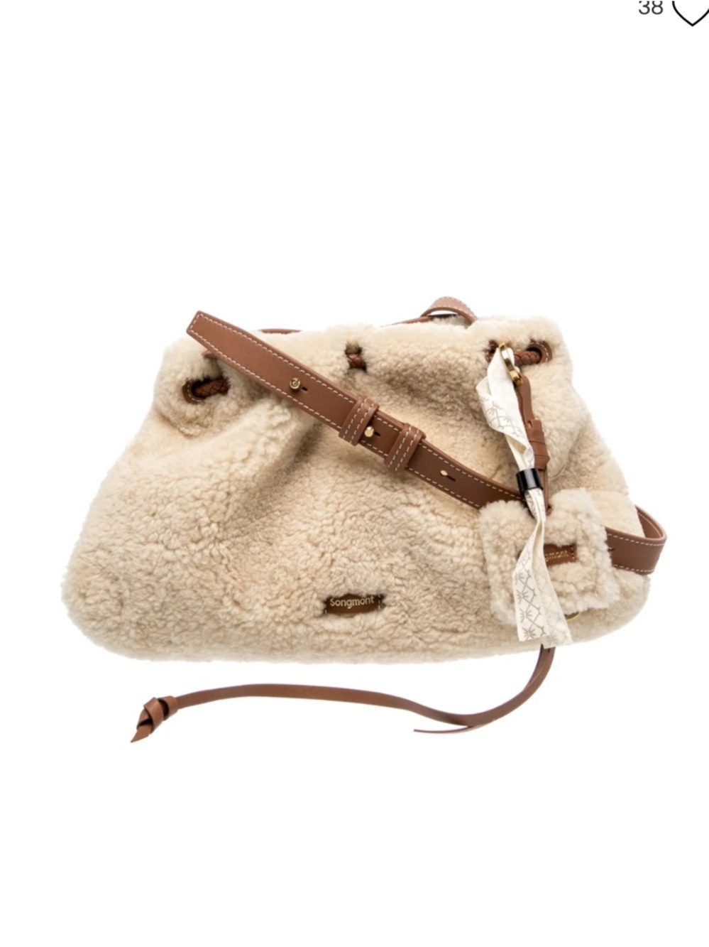 Songmont Cream Sherpa Crossbody with Brown Trim and Scarf Accent